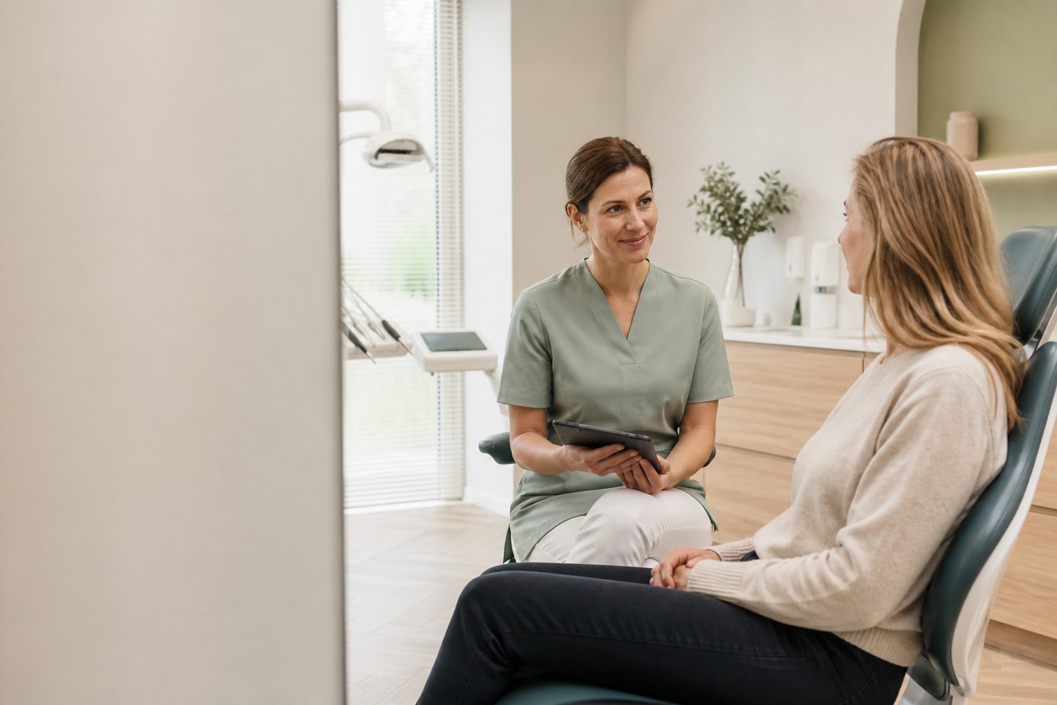 Tandheelkundig professional bespreekt een uitgebreid behandelplan met een patiënt