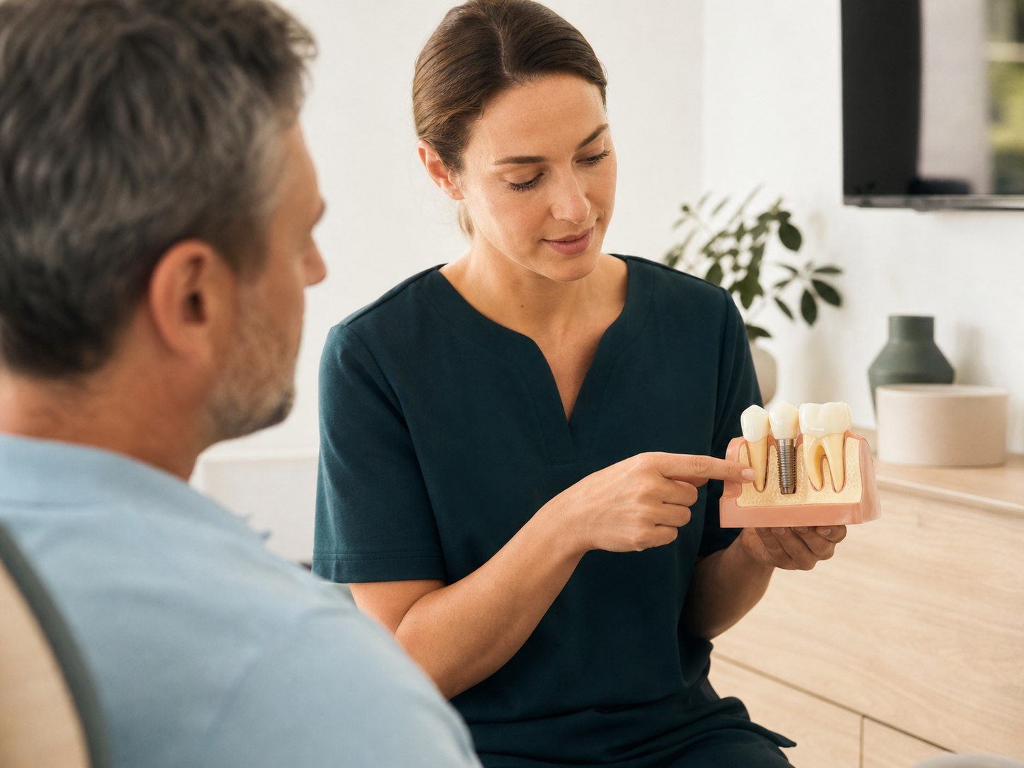 Tandheelkundig professional legt een implantaatmodel uit aan een patiënt